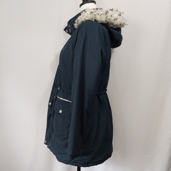 Tiffosi Navy Blue Hooded White Faux Fur Zip Up Button Down Long Sleeve Jacket M - Picture 8 of 15